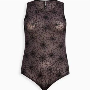 Torrid NWT size 4X/ 26  spiderweb bodysuit/ black flocked mesh